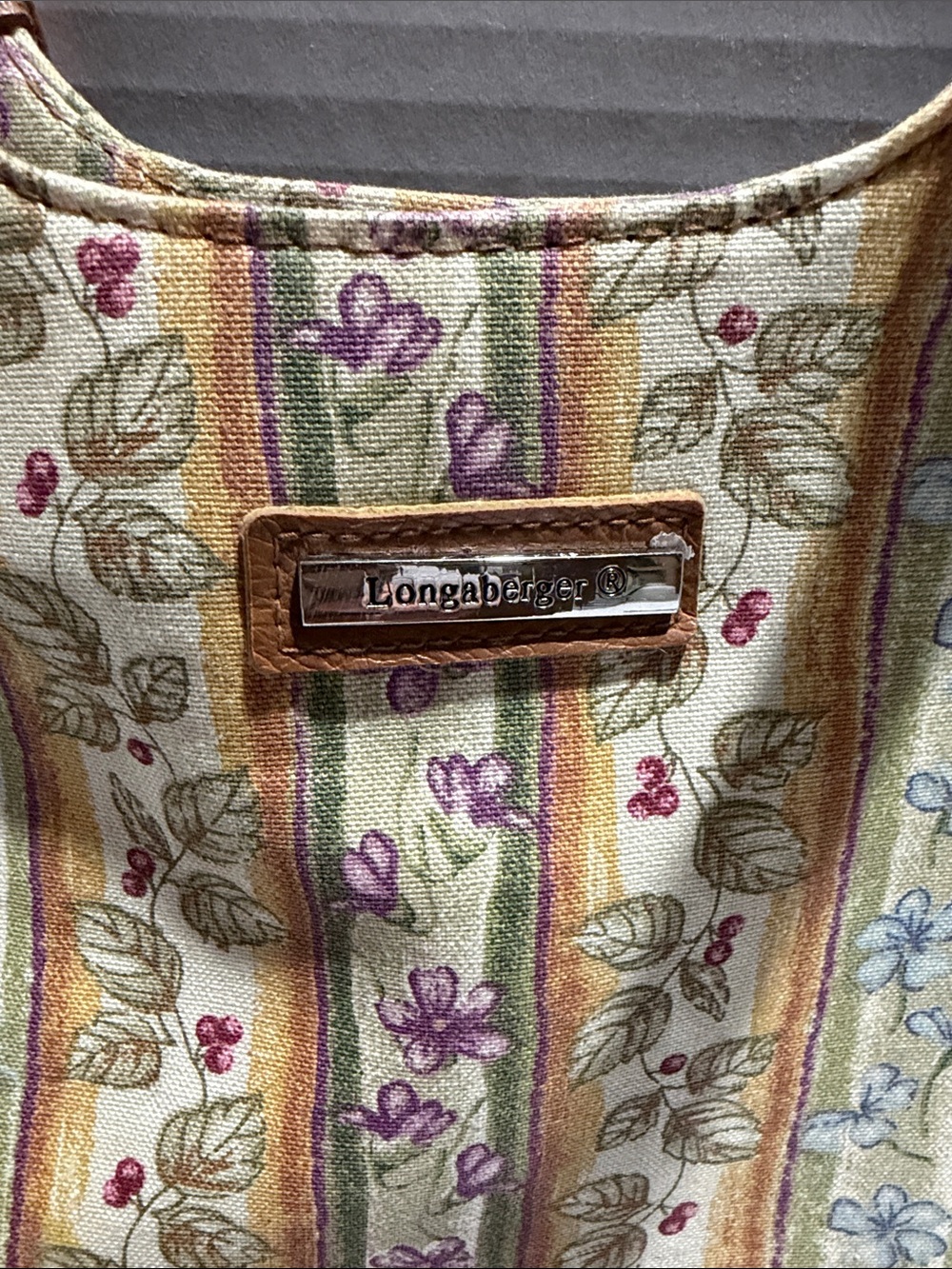 Longaberger Floral Stripe Canvas Tote with Tan Leather Trim - Picture 2 of 6